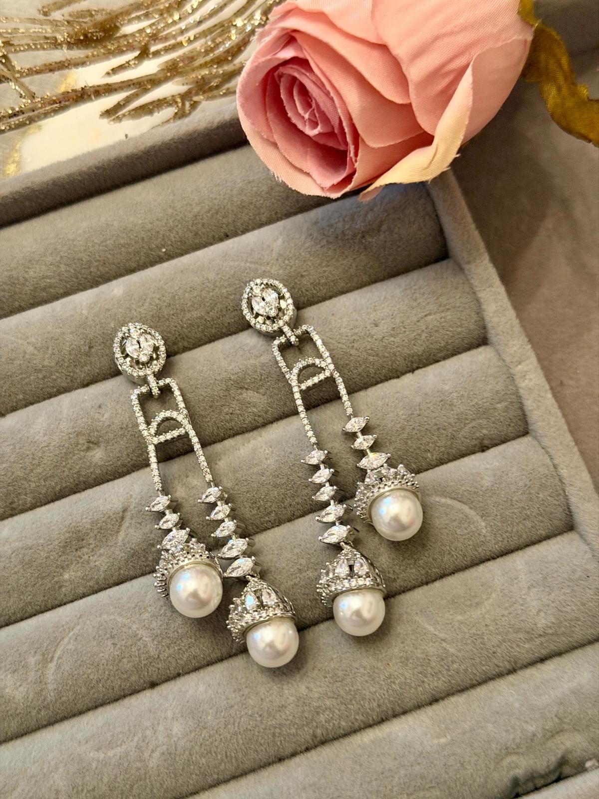 Silver as stone Cz Pearl Drop Earrings Elegant Bridal Dangle Earrings