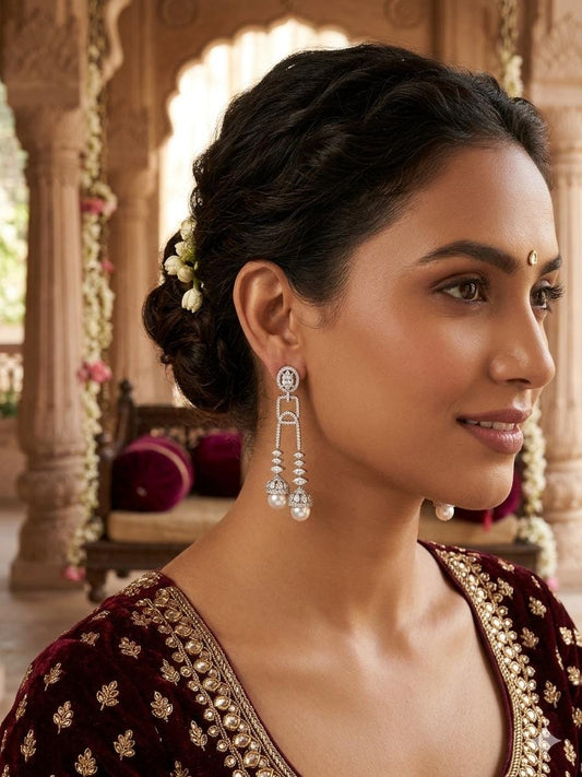 Silver as stone Cz Pearl Drop Earrings Elegant Bridal Dangle Earrings