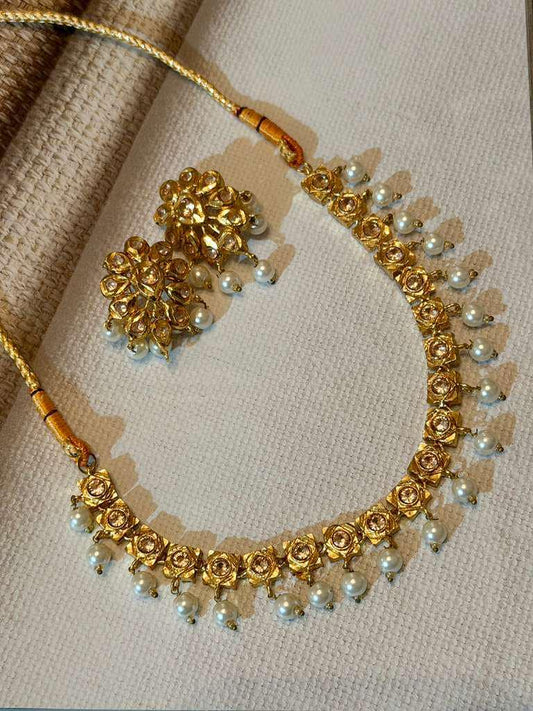 Traditional Gold Choker Necklace Earrings Set with Faux Pearls