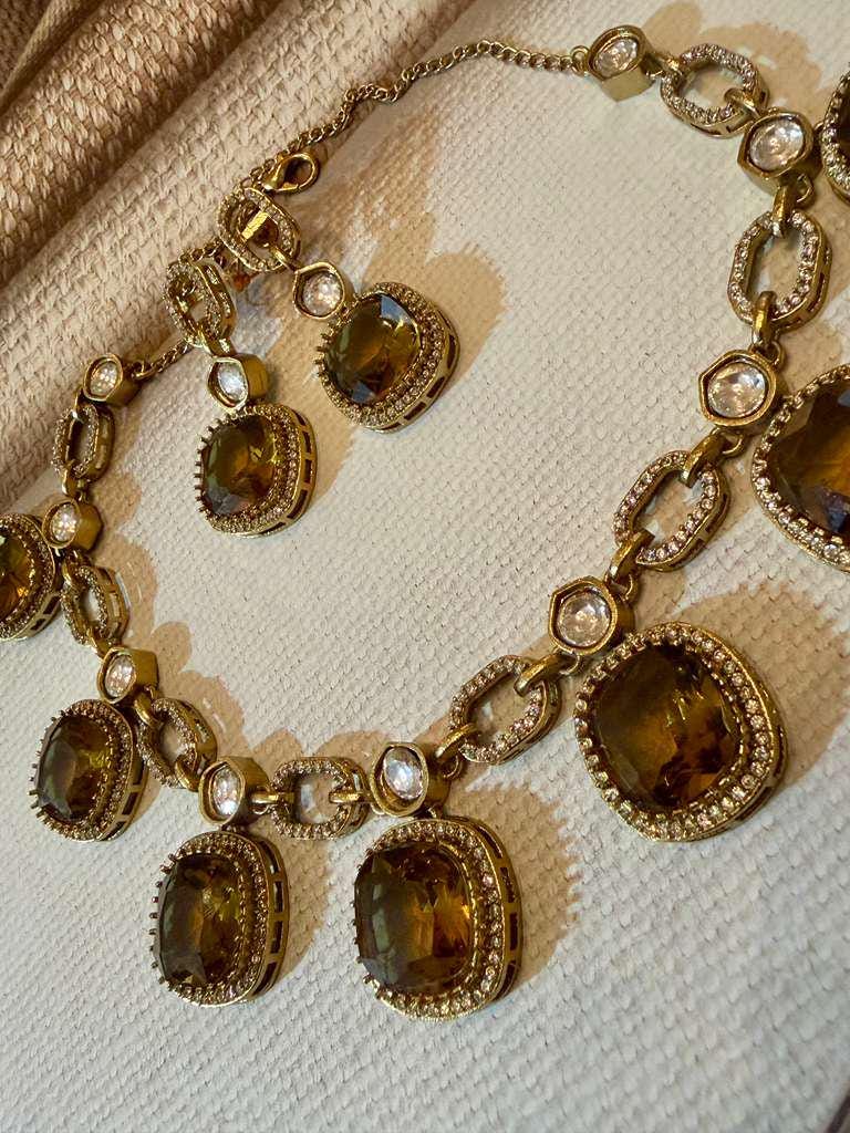 Smoky Quartz Statement Necklace Set Gold Chunky Chain Jewelry Oval crystal