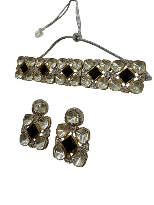 Kundan Crystal Choker Necklace and Earrings Set – Gold Bridal Statement Jewelry