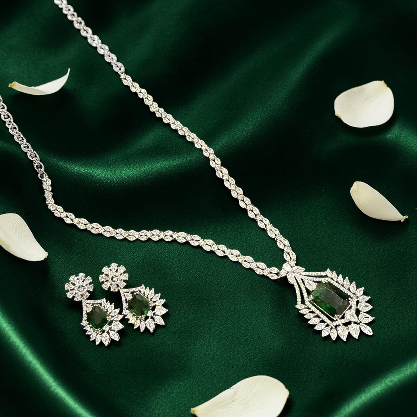 Bridal Crystal Necklace Earrings Set, Silver Statement Wedding Jewelry, Black Stone Pendant