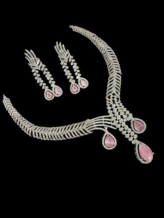Pink Teardrop Bridal Necklace Set Silver Statement Jewelry