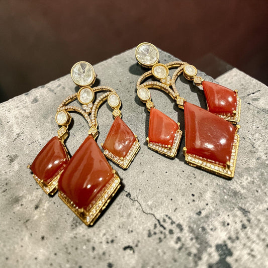 Red Glass Stone Dangle Earrings, Gold Tone Geometric Drop Statement Jewelry