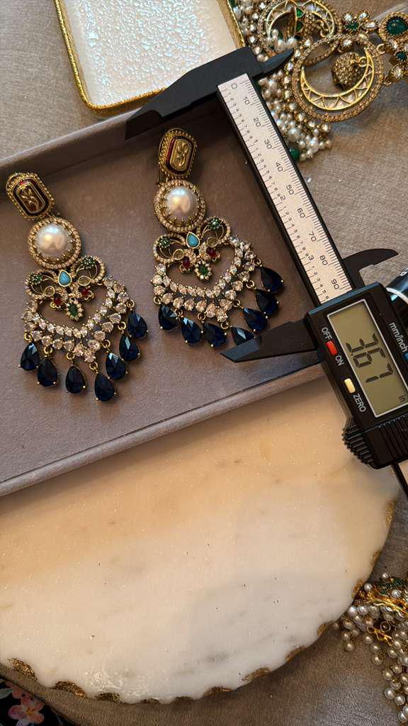 Gold Tone Blue Chandelier Earrings Pearl Statement Earrings