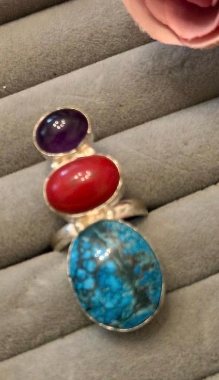 Silver plated natural Multi Stone Statement Ring Adjustable Gemstone Ring Turquoise Coral