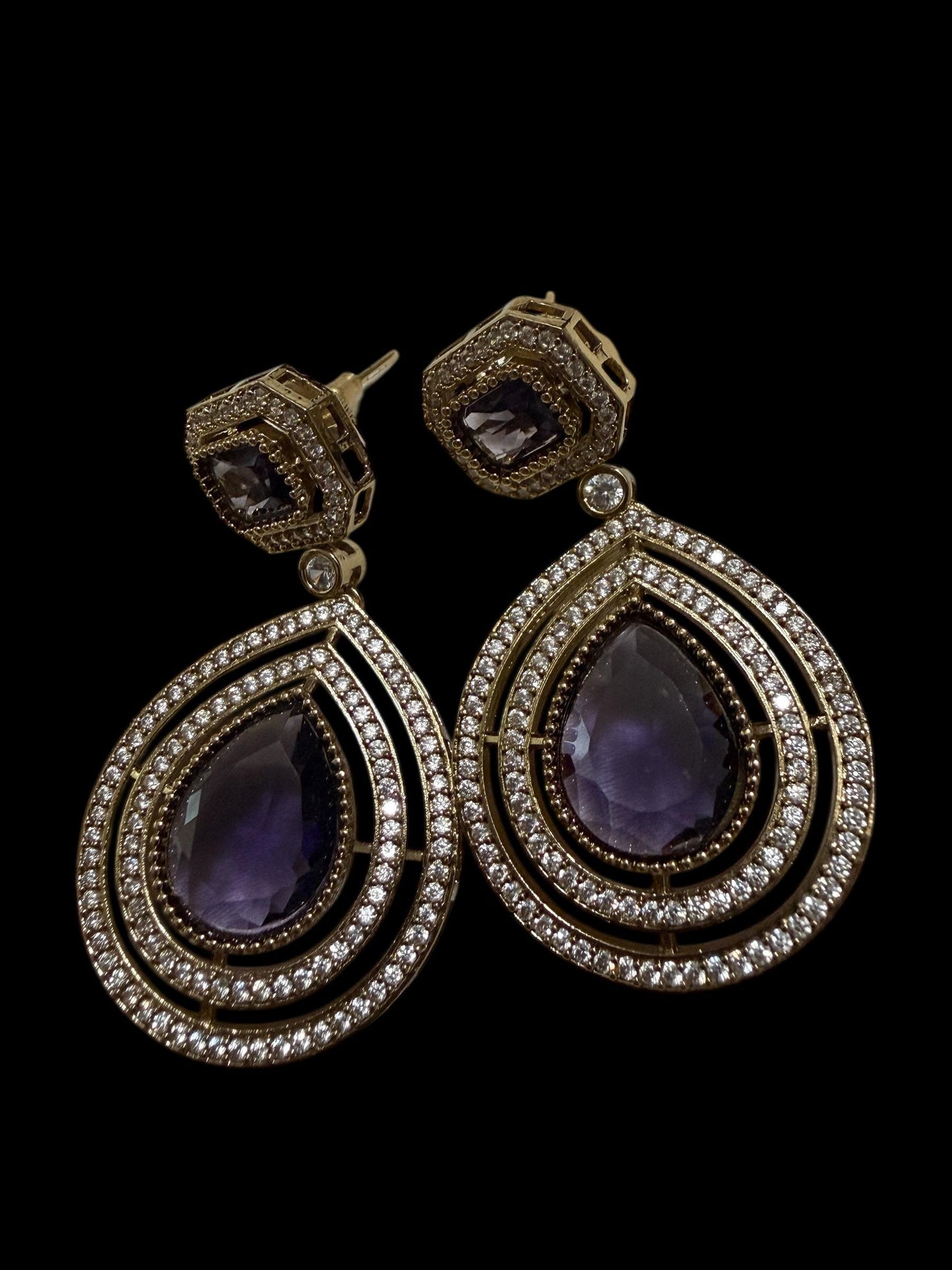Bollywood Triple Layer Necklace Set, Kundan Stone, Amethyst, Antique Gold Finish