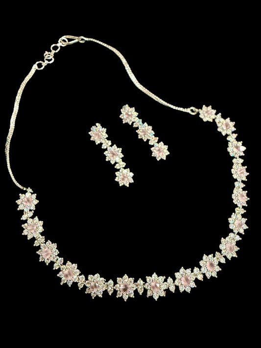 Floral Pink Stone Bridal Jewelry Set, Dainty Flower Necklace and Earrings