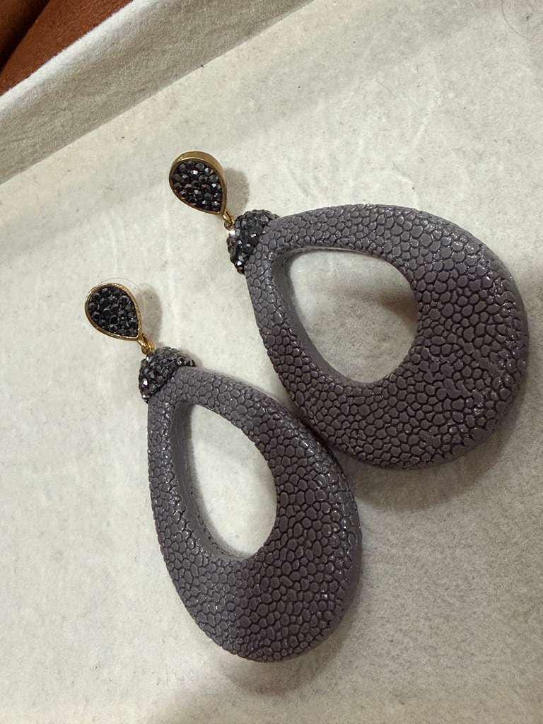 Gray Textured Leather Teardrop Statement Earrings with Crystal Top