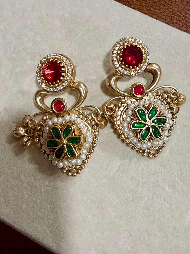 Red Green Kundan Floral Earrings: Indian Bridal Statement Jewelry