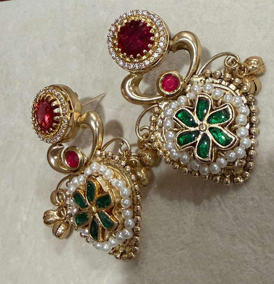 Red Green Kundan Floral Earrings: Indian Bridal Statement Jewelry