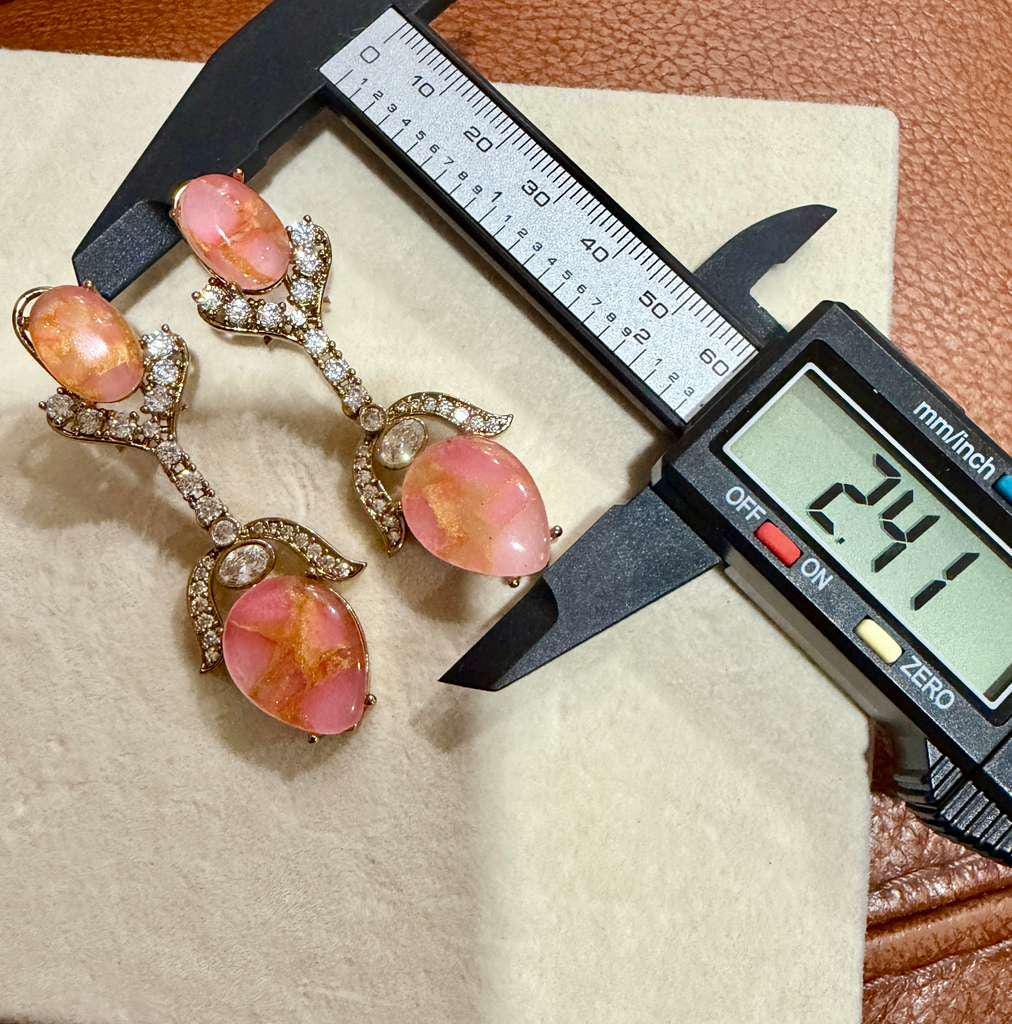 Pink Oval Stone Drop Earrings, Gold-Tone Crystal Accents, Bridal Statement Jewelry