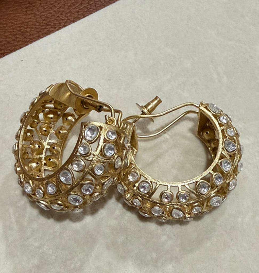 Gold Tone Kundan Hoop Earrings Bridal Polki Hoops