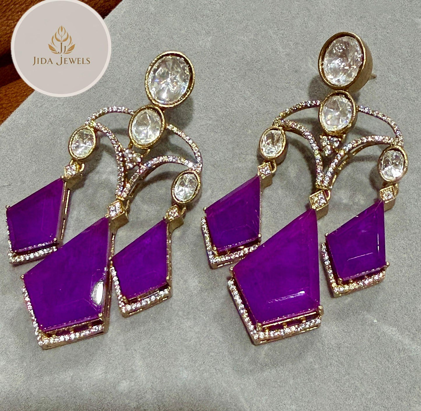 Purple Statement Earrings Gold Crystal Drop Earrings Geometric Dangle Earrings