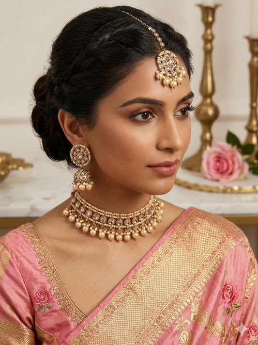 Gold Tone Pearl Choker Set Bridal Jewelry Kundan Necklace Set