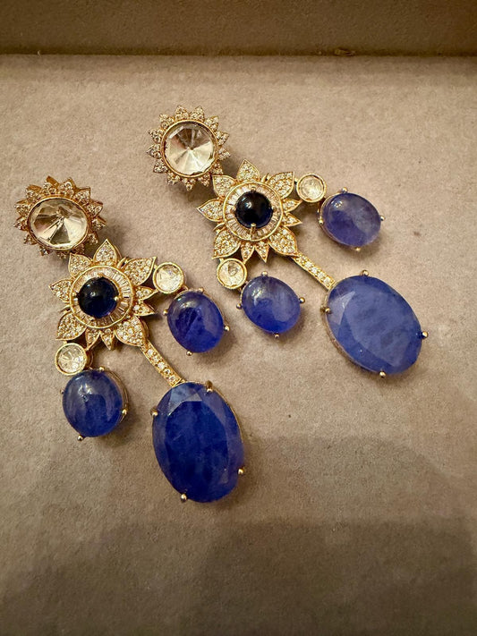 Blue Stone Statement Earrings Gold Tone Drop Earrings