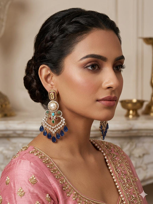 Gold Tone Blue Chandelier Earrings Pearl Statement Earrings