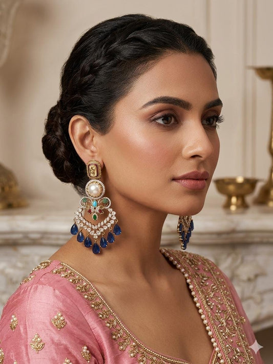 Gold Tone Blue Chandelier Earrings Pearl Statement Earrings