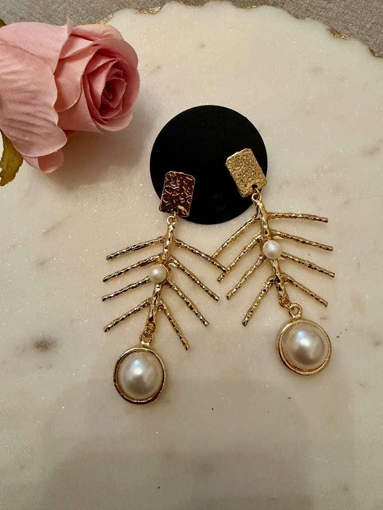 Gold Tone Branch Pearl Earrings Nature Inspired Statement Drops