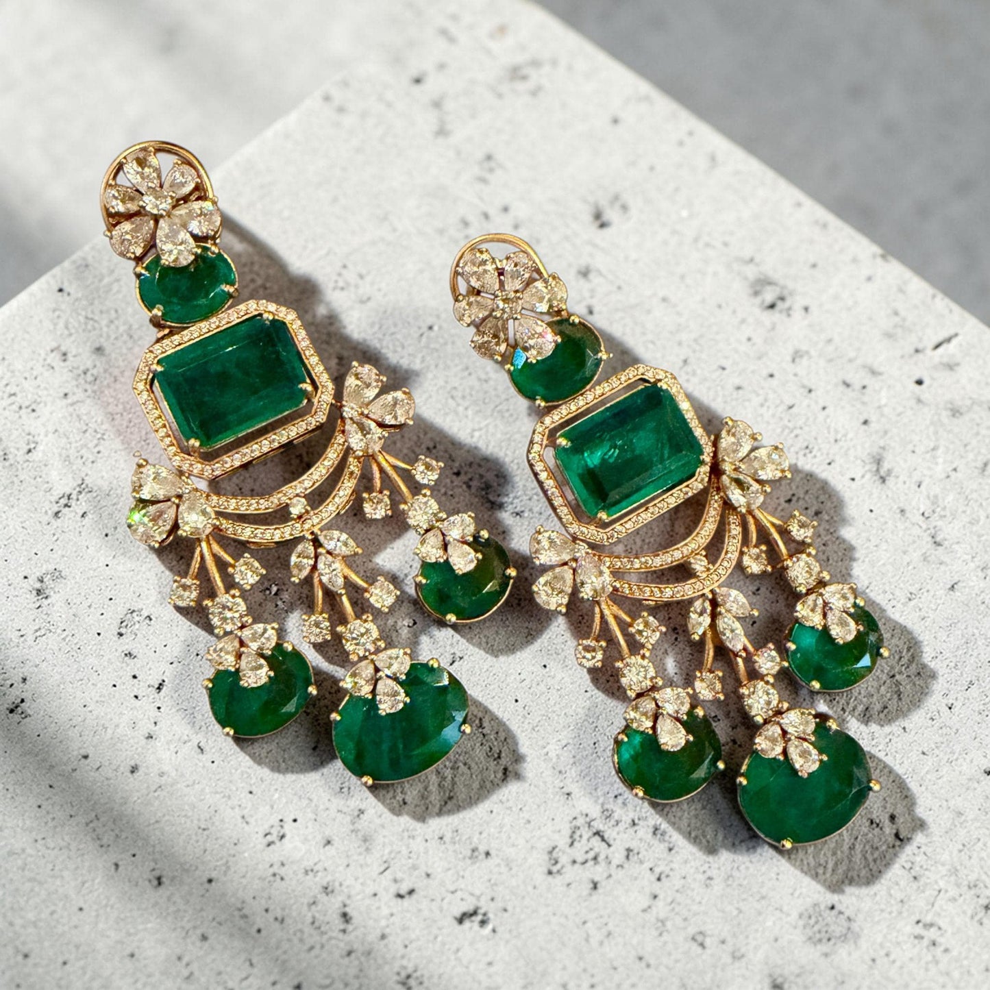 Gold Tone Emerald Green Chandelier Earrings Statement Bridal Drop Earrings