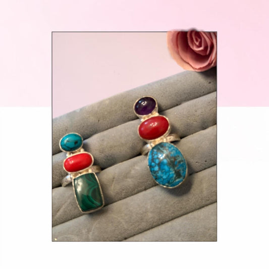 Silver plated natural Multi Stone Statement Ring Adjustable Gemstone Ring Turquoise Coral