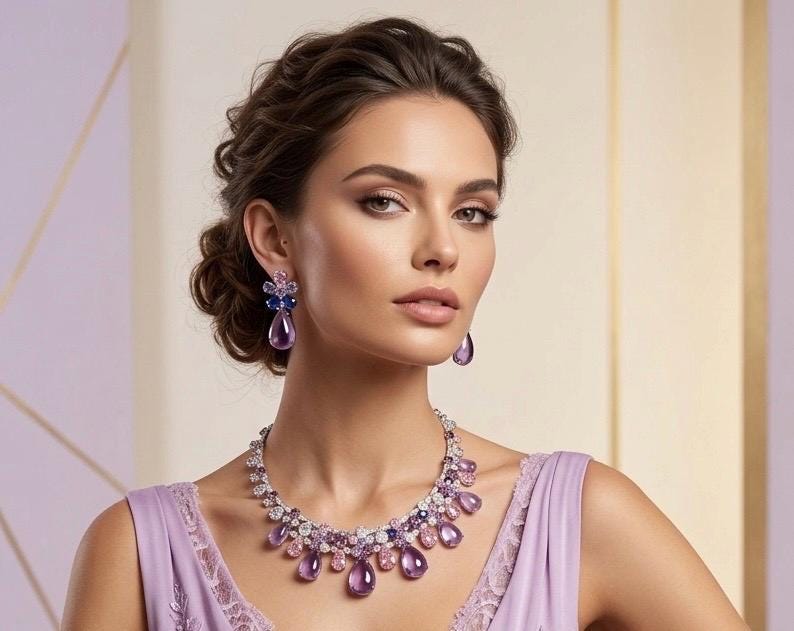Silver Tone Purple Pink Crystal Necklace Set with Earrings – Bridal Statement Jewelry