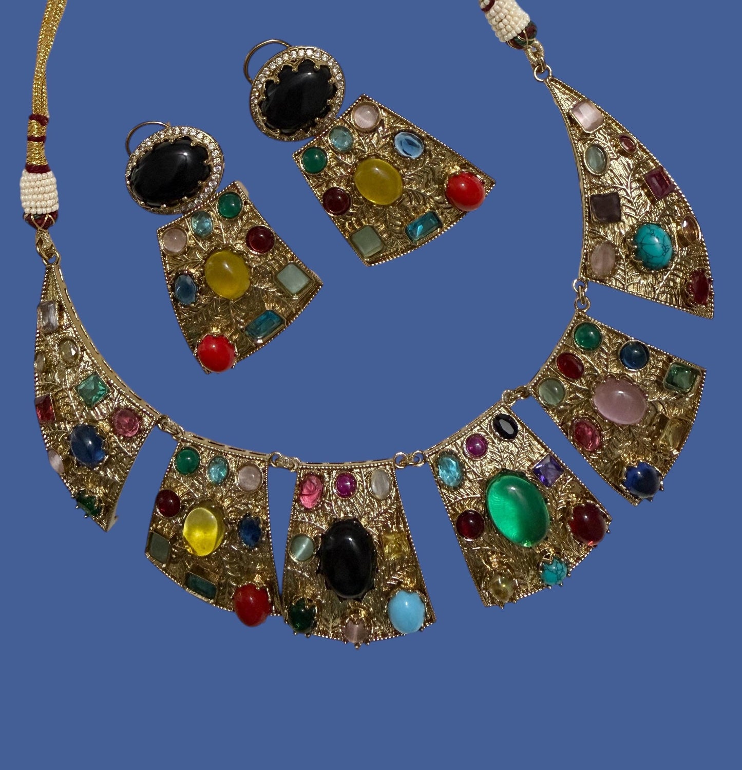 Bollywood statement Bold Indian Jewelry Set, Multi Stone Gold Plated.