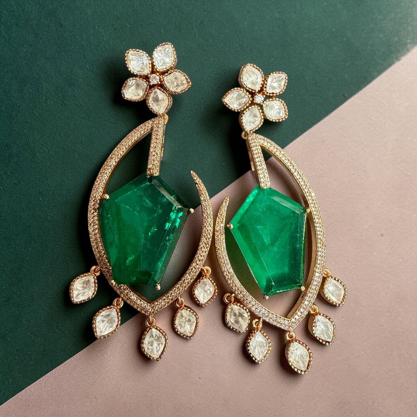 Emerald Green Statement Earrings Gold Drop monzonite Earrings