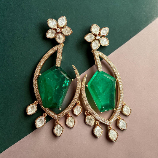 Emerald Green Statement Earrings Gold Drop monzonite Earrings
