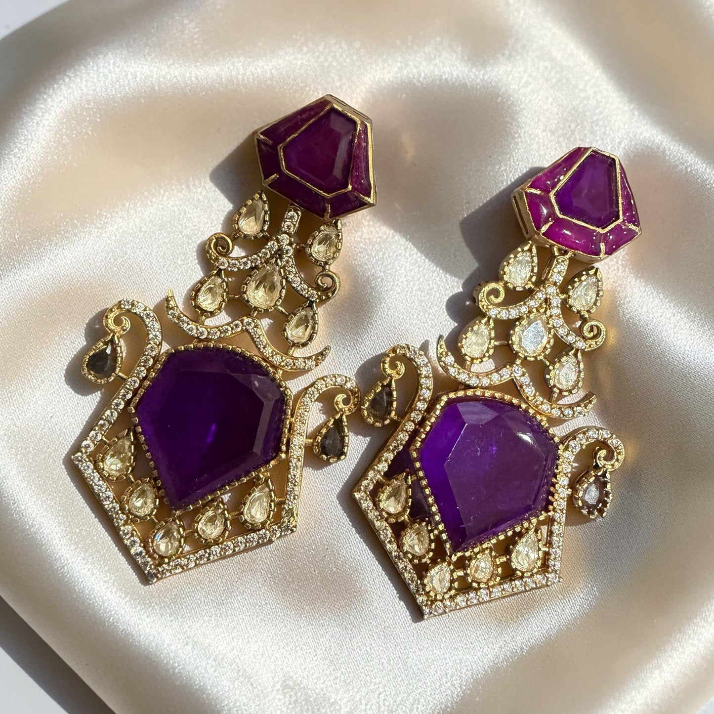 Amethyst Purple Statement Earrings Gold Tone monzonite Drop Earrings