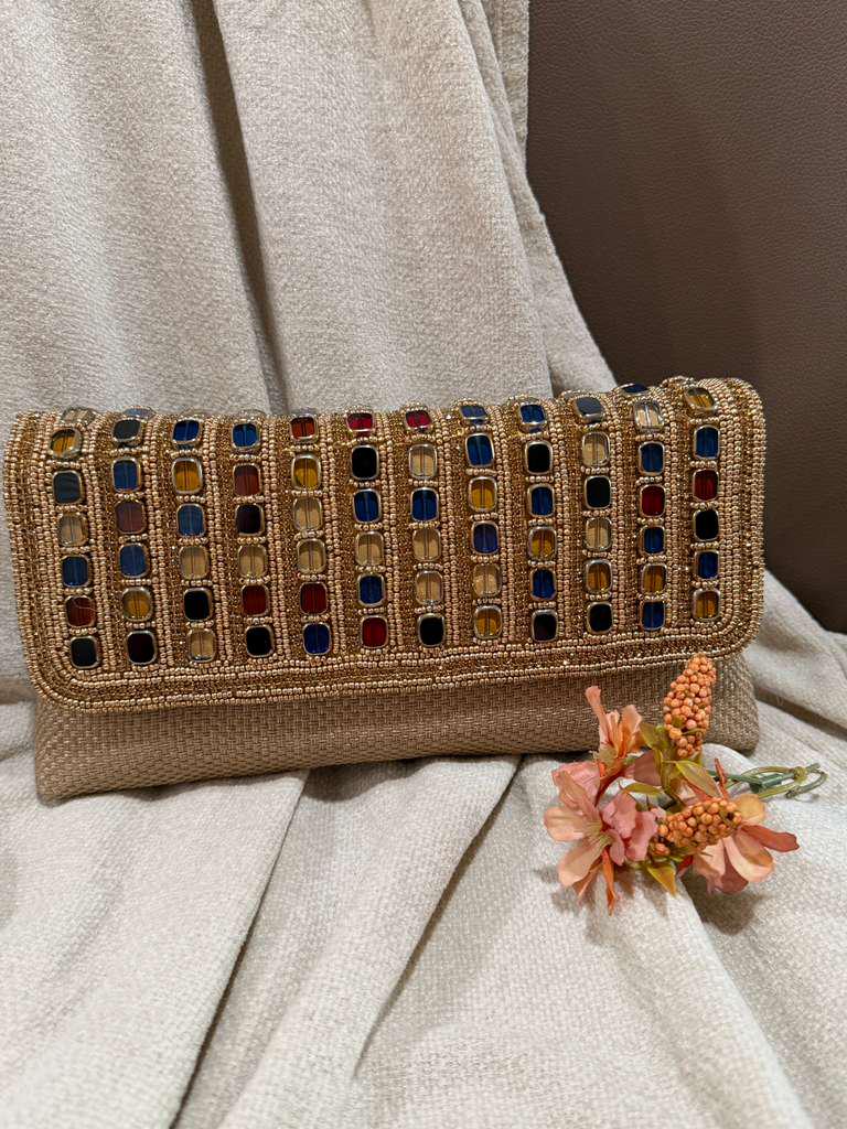 Hand Embroidered Beaded Clutch Geometric Stone Evening Bag Luxury Bridal Purse