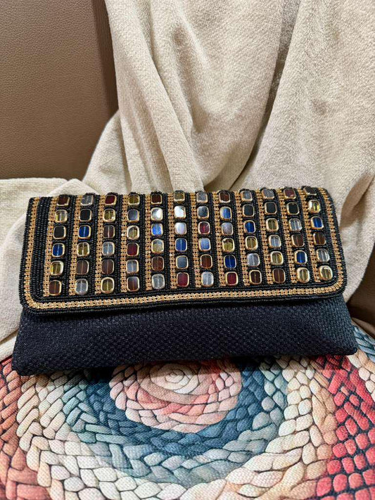 Hand Embroidered Beaded Clutch Geometric Stone Evening Bag Luxury Bridal Purse