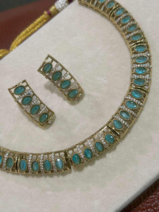 Turquoise Stone Necklace Set Gold Choker Necklace with Earrings Statement Bridal Jewelry
