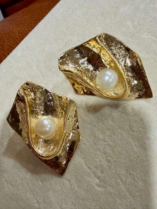 Gold Pearl Abstract Stud Earrings: Sculptural Organic Statement Jewelry