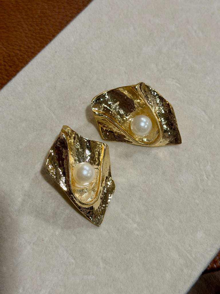 Gold Pearl Abstract Stud Earrings: Sculptural Organic Statement Jewelry