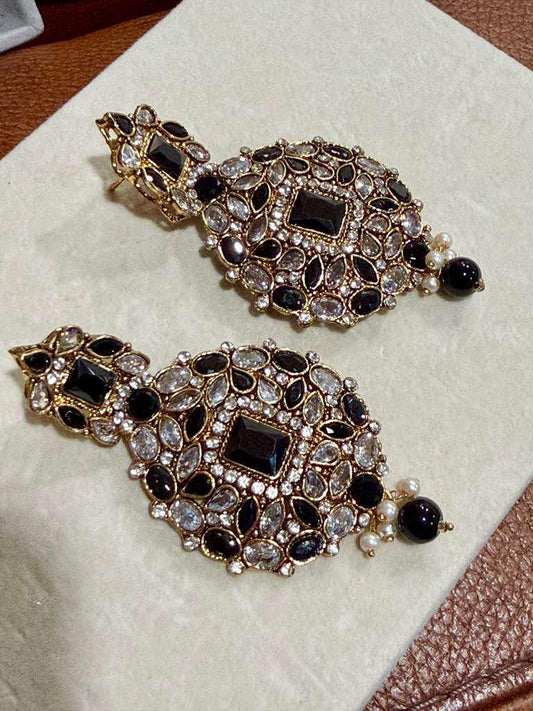 Black Kundan Statement Earrings, Gold Polki Bridal Dangle Jewelry