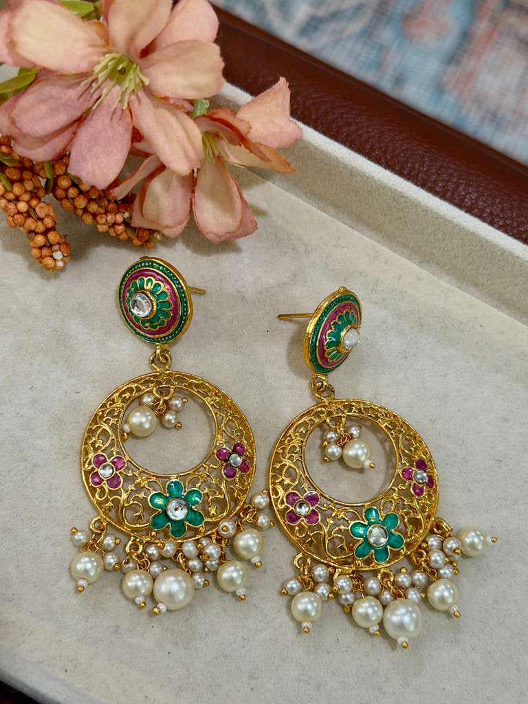 Royal Pearl Chandbali Earrings Traditional Floral Drop Earrings
