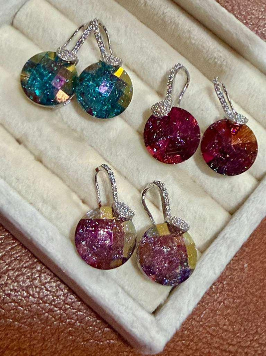 Disc Drop Earrings with Cubic Zirconia, Round Faceted Stones, Glam Statement Jewelry