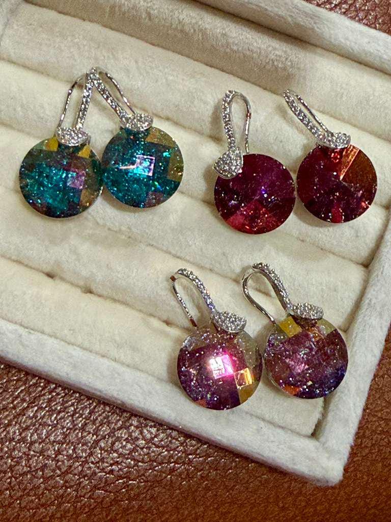 Disc Drop Earrings with Cubic Zirconia, Round Faceted Stones, Glam Statement Jewelry