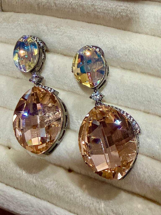 Champagne Oval Drop Earrings, Bridal Statement Dangle Jewelry