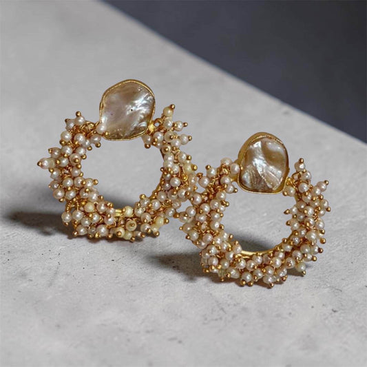Baroque Pearl Hoop Earrings Gold Beaded Statement Earrings