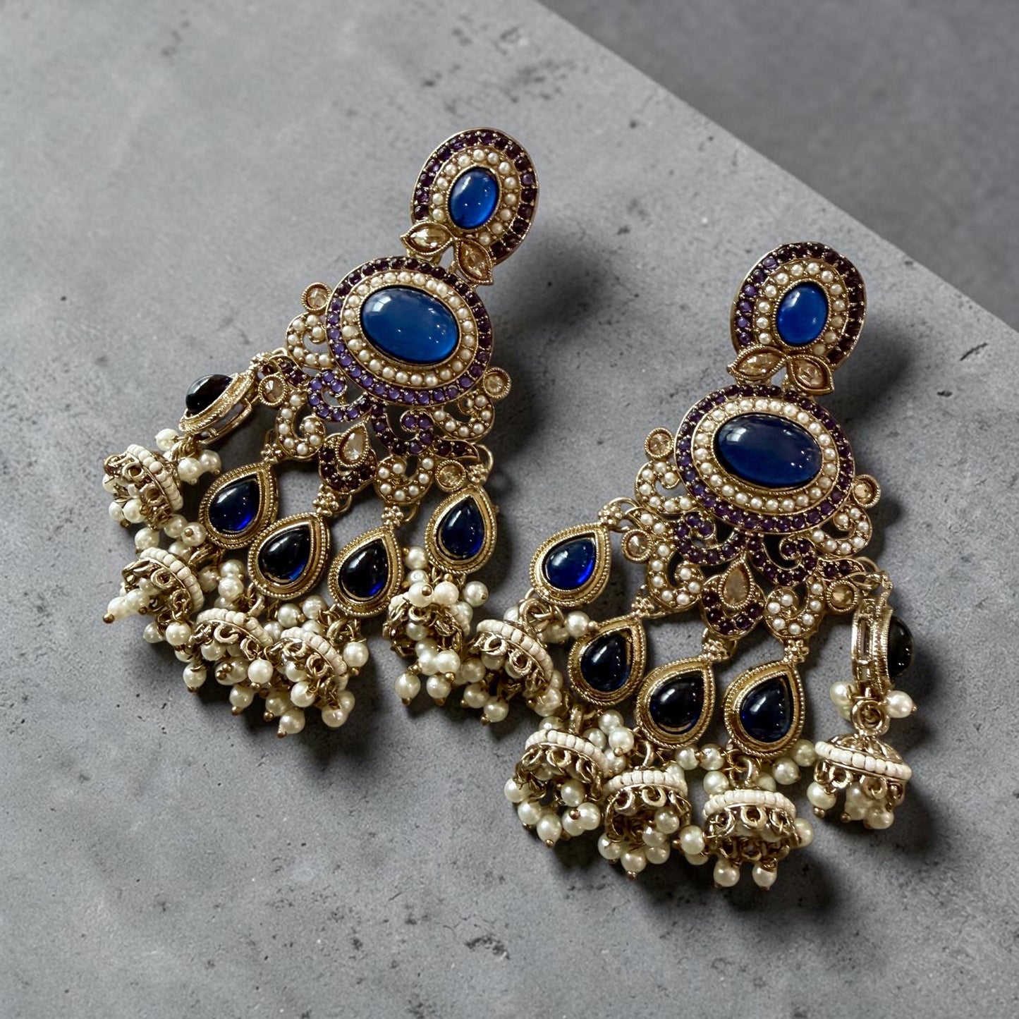 Elegant Blue Jhumka Earrings with stone Accents - Traditional Indian Jewelry