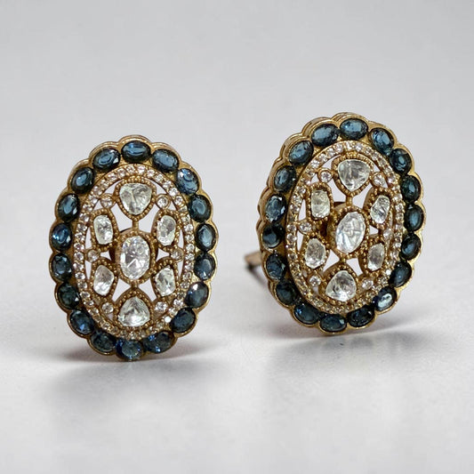 Midnight Halo Polki Stud Earrings Gold Statement Studs Oval Cocktail Earrings