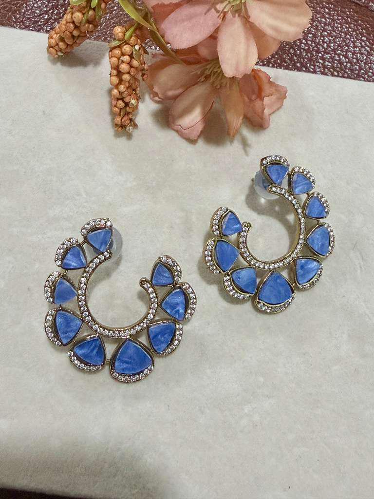 Celestial Crescent Hoop Earrings Blue Statement Earrings Modern Ethnic Hoops Designer
