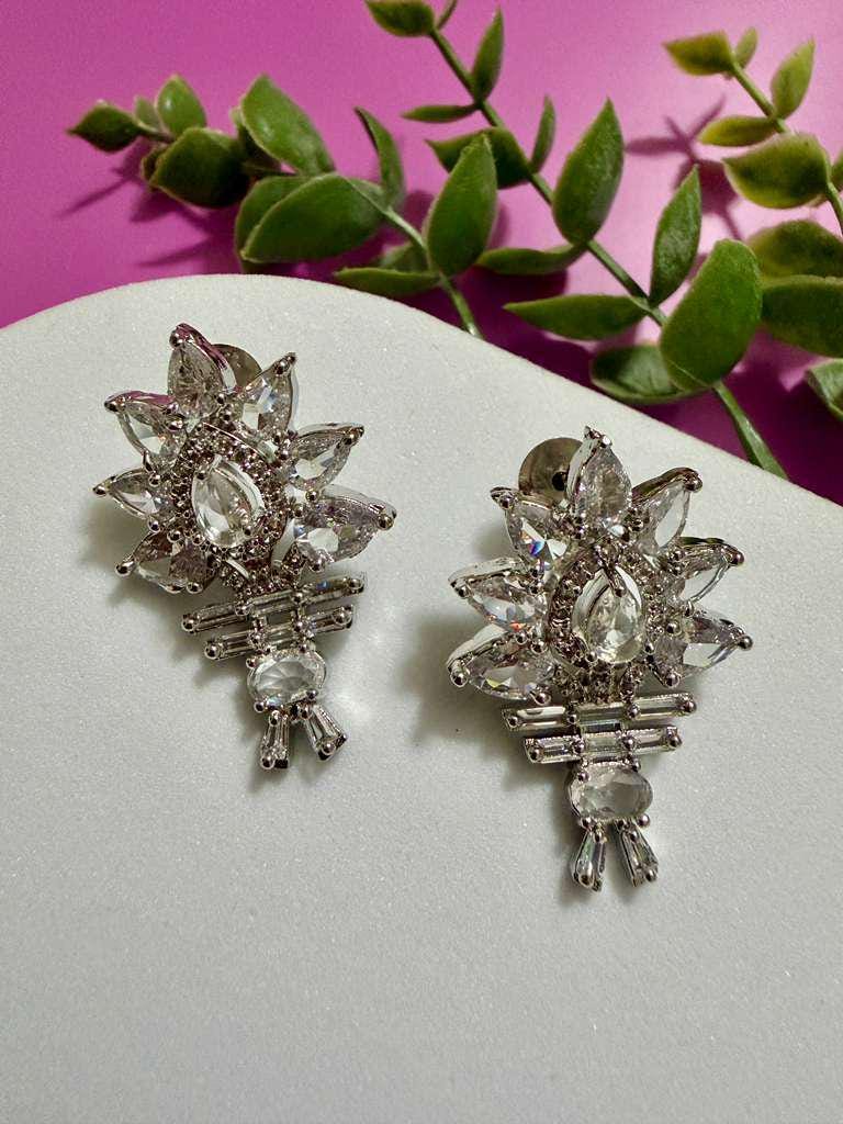 Silver Crystal Floral Earrings Statement CZ Stud Earrings Elegant Bridal Earrings