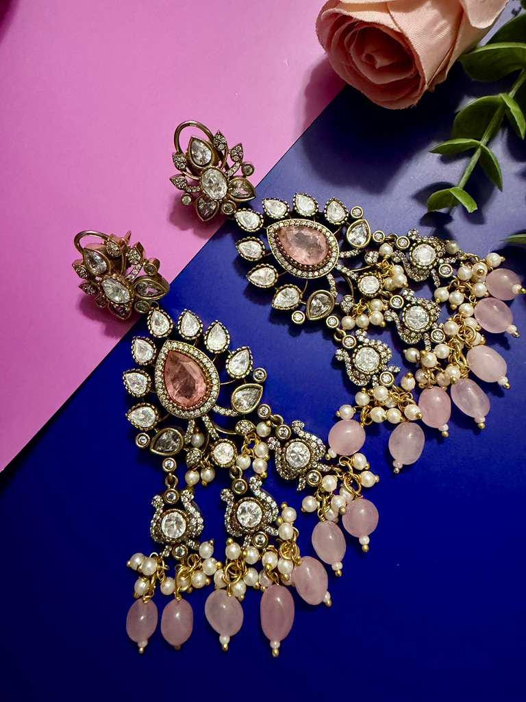 Pink Kundan Chandelier Earrings Bridal Statement Earrings Pearl Dangle Earrings