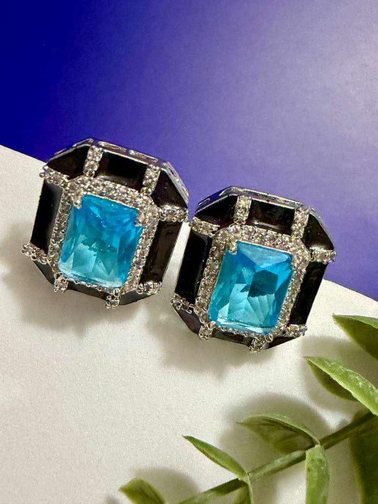 Blue Topaz Black Statement Stud Earrings Geometric Earrings Luxury Designer CZ Earrings