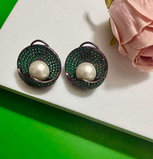 Emerald Green Pearl Stud Earrings Vintage Statement Earrings Luxury Round Stud Earrings