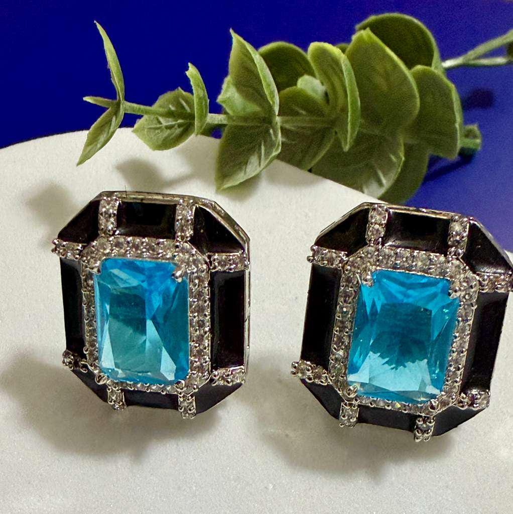 Blue Topaz Black Statement Stud Earrings Geometric Earrings Luxury Designer CZ Earrings