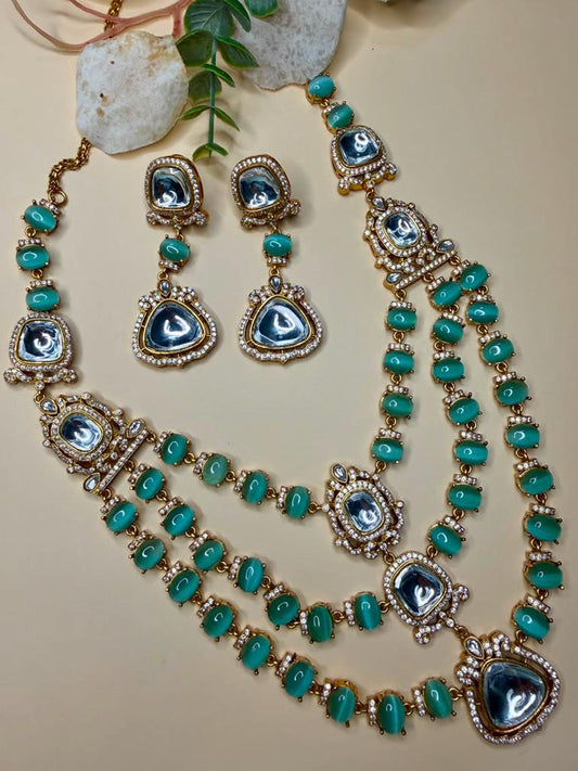 Layered Mint Bead Kundan Necklace Set, Double Strand Statement Jewelry with Earrings
